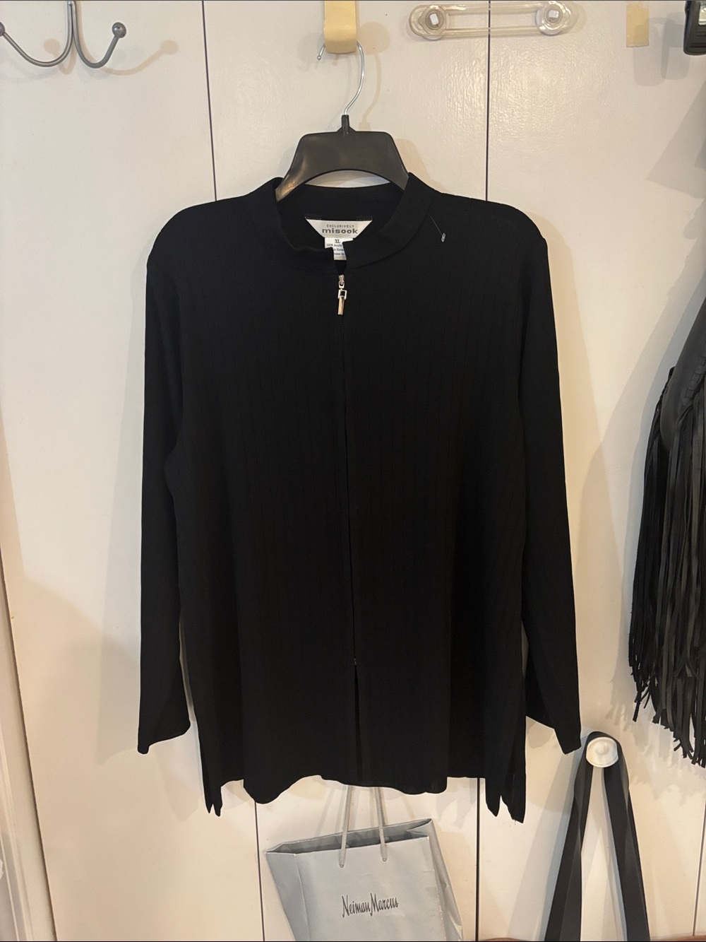 Exclusively Misook Zip-Up Cardigan Sweater Black Ribbed Knit,XL